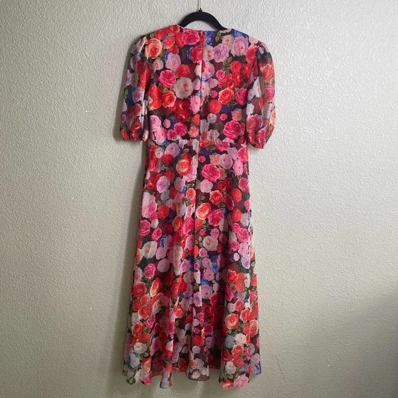 Ieena for MacDuggal 4 Puff Sleeve Shift Dress Red Floral Side Slit V Neck - Picture 8 of 9